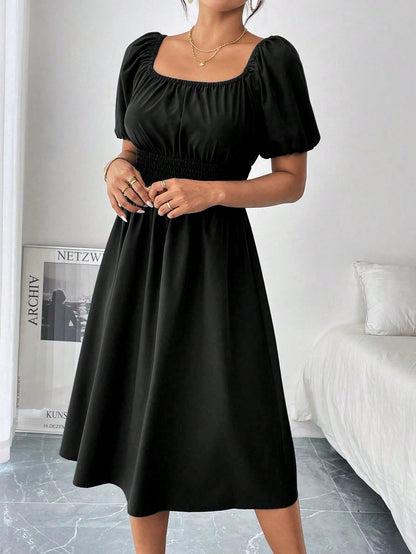 Chiquease 1pc Women Square Collar Puff Sleeve Cinched Waist Palazzo Green Dress, Spring/Summer