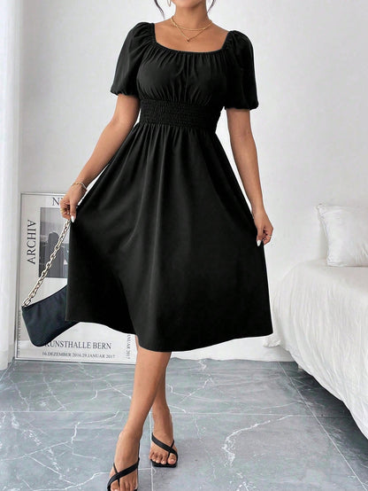 Chiquease 1pc Women Square Collar Puff Sleeve Cinched Waist Palazzo Green Dress, Spring/Summer