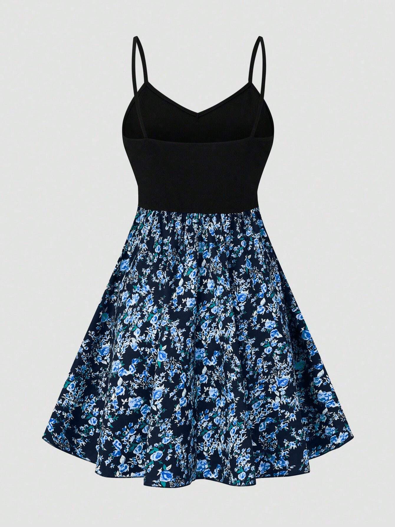 SHEIN LUNE Women's Floral Print Patchwork Slip Dress, Casual Vacation Style