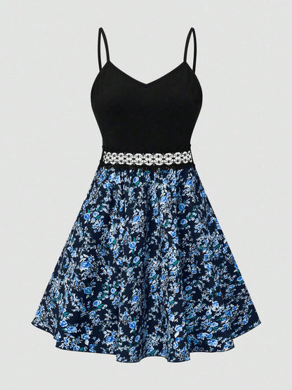 SHEIN LUNE Women's Floral Print Patchwork Slip Dress, Casual Vacation Style