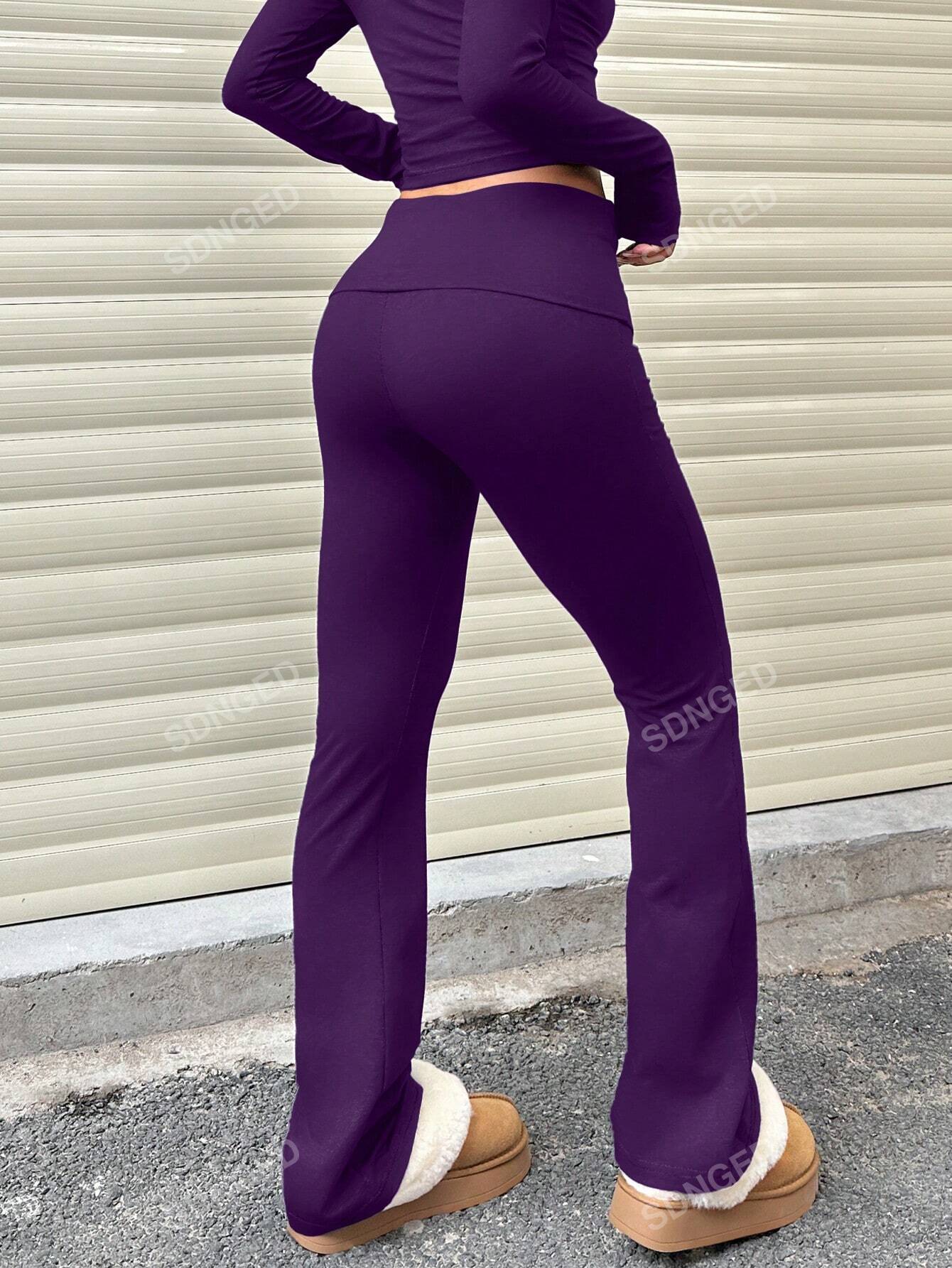 Women's Casual Solid Color Wide-Waist Flare Pants, Leggings Fold-Over Waist High Waist Ruched Slim Fit