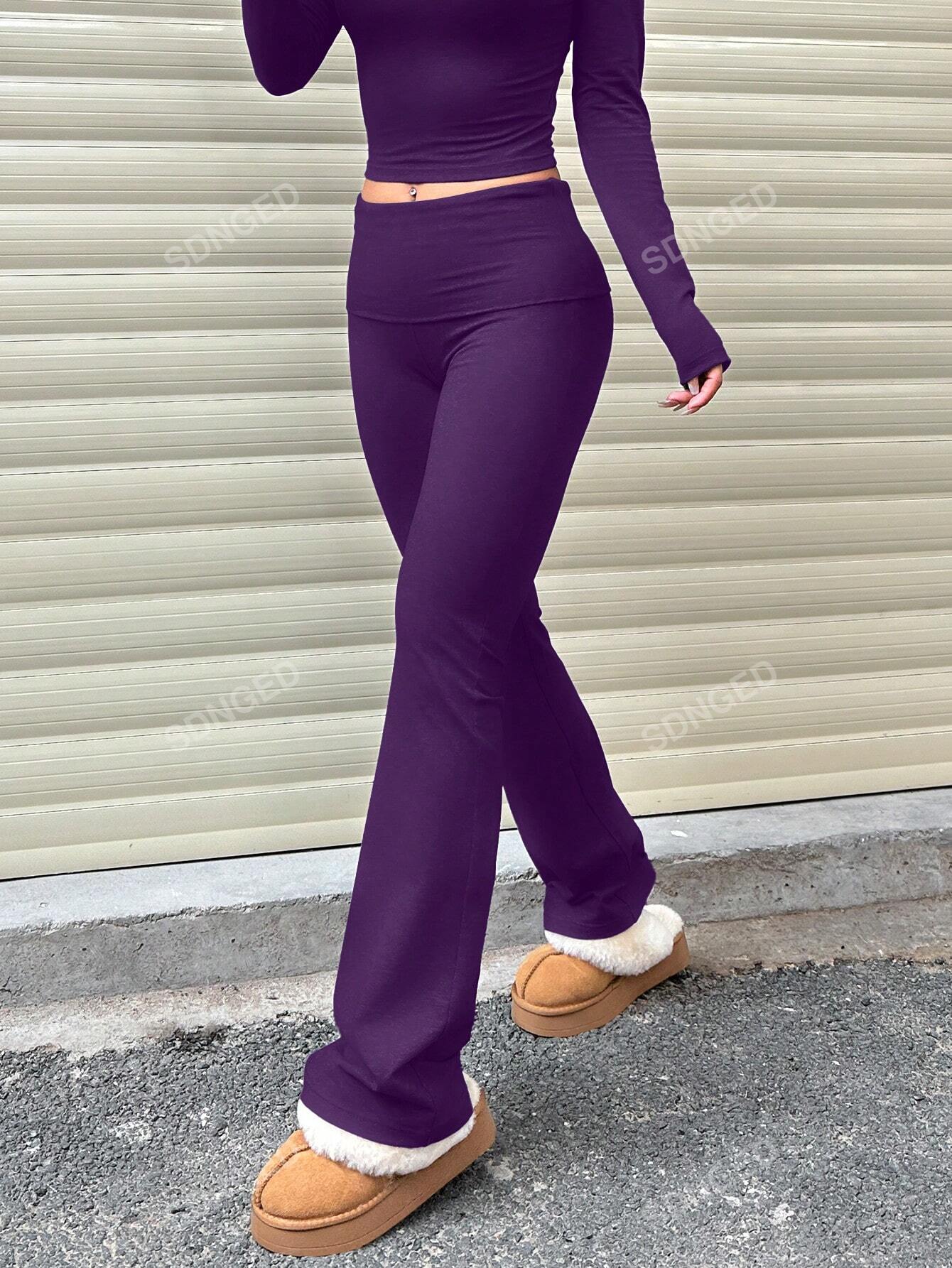 Women's Casual Solid Color Wide-Waist Flare Pants, Leggings Fold-Over Waist High Waist Ruched Slim Fit