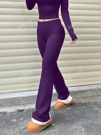 Women's Casual Solid Color Wide-Waist Flare Pants, Leggings Fold-Over Waist High Waist Ruched Slim Fit