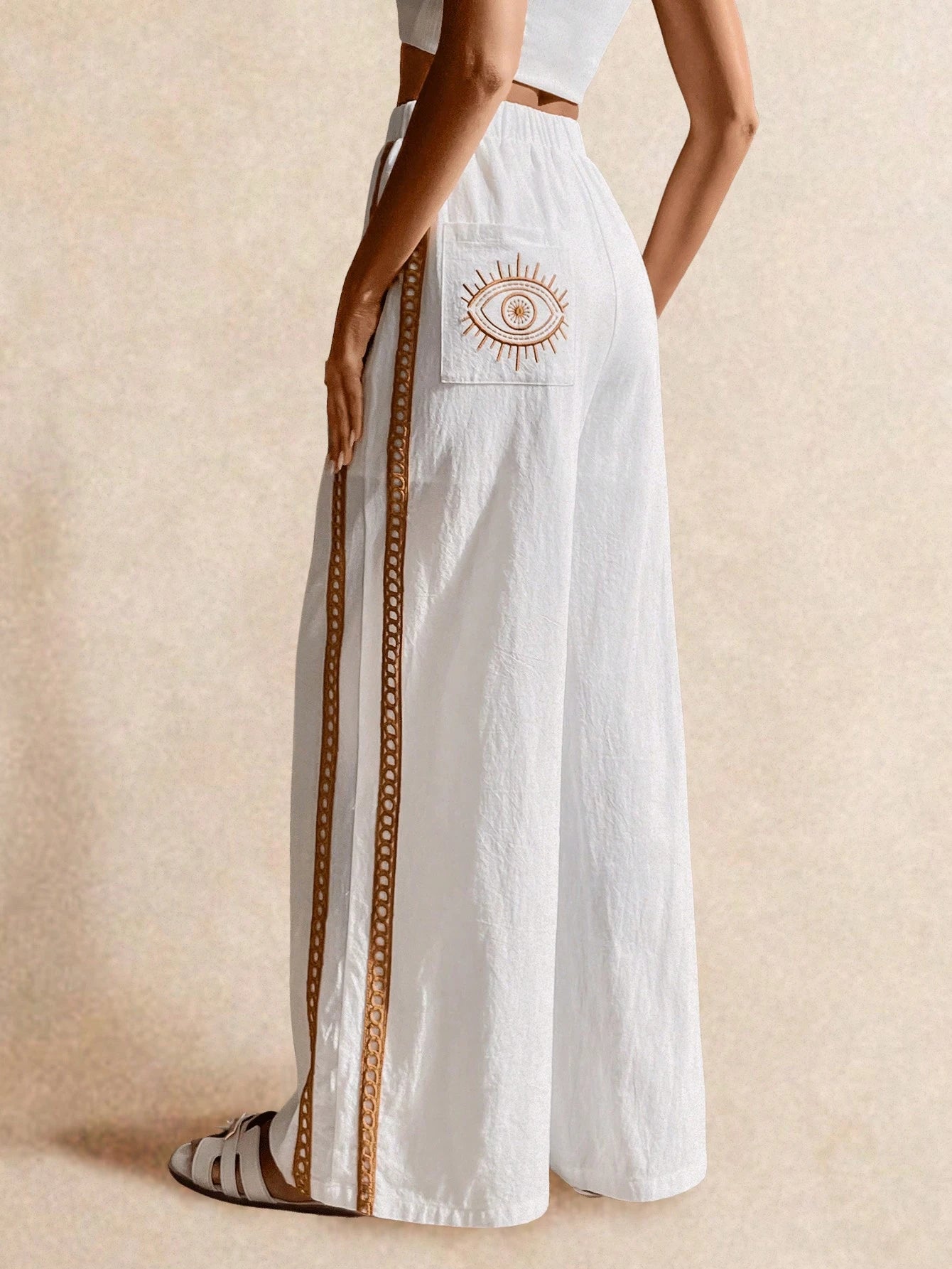 Poéselle Women's Wide Leg Loose Casual Pants With Sun Embroidered Pockets,Vacation Outfits Woman,Beach Vacation,Embroidered Pants,Summer Outfits For Women Vacation Outfits Women Resort Wear