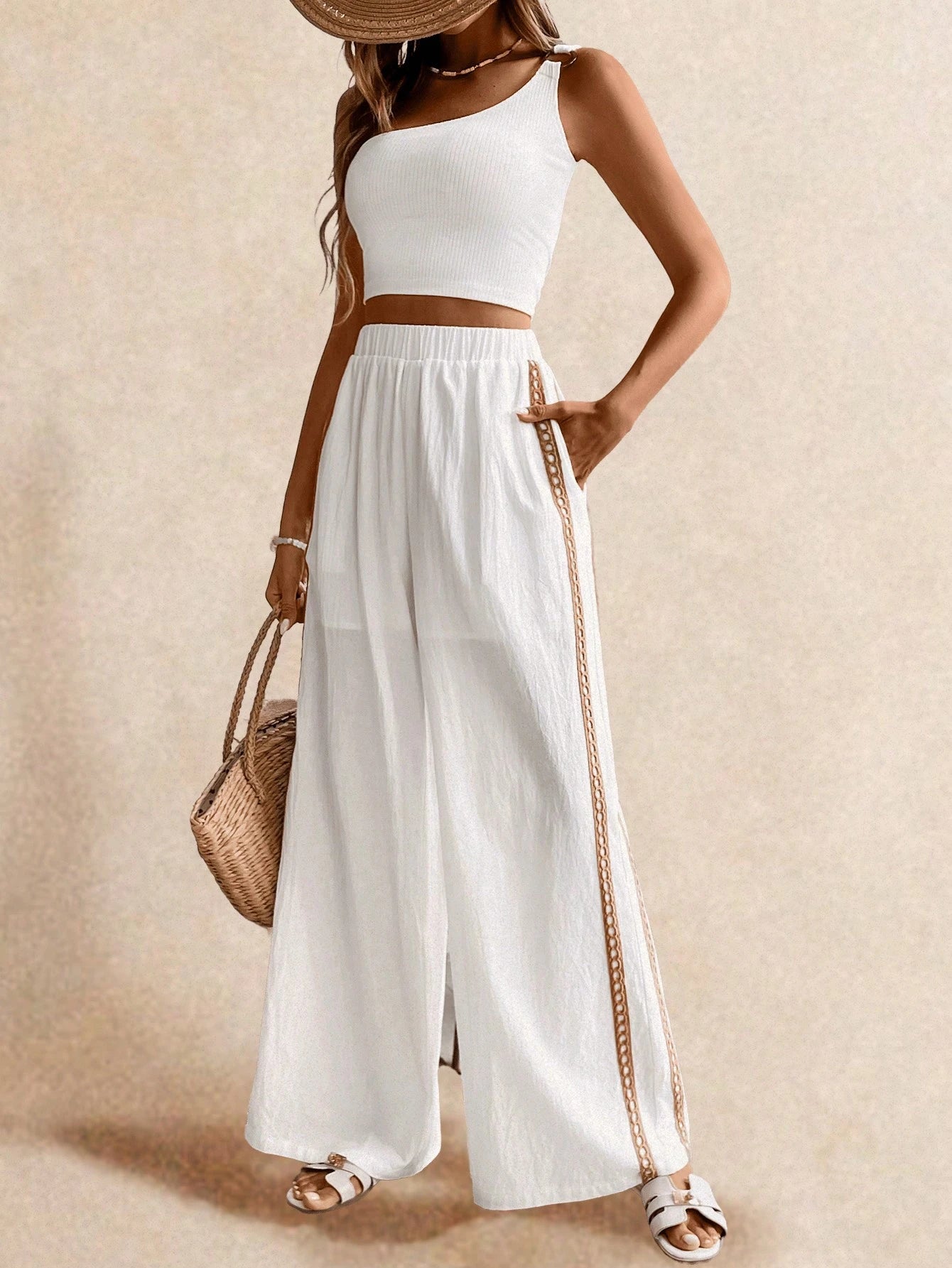 Poéselle Women's Wide Leg Loose Casual Pants With Sun Embroidered Pockets,Vacation Outfits Woman,Beach Vacation,Embroidered Pants,Summer Outfits For Women Vacation Outfits Women Resort Wear