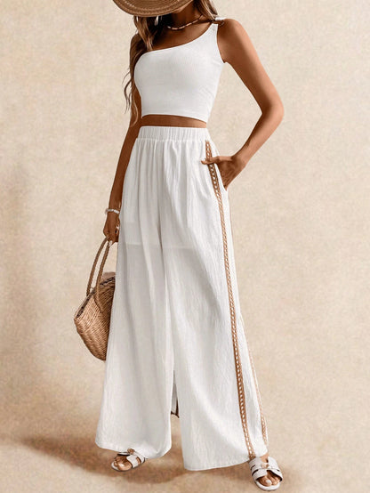 Poéselle Women's Wide Leg Loose Casual Pants With Sun Embroidered Pockets,Vacation Outfits Woman,Beach Vacation,Embroidered Pants,Summer Outfits For Women Vacation Outfits Women Resort Wear