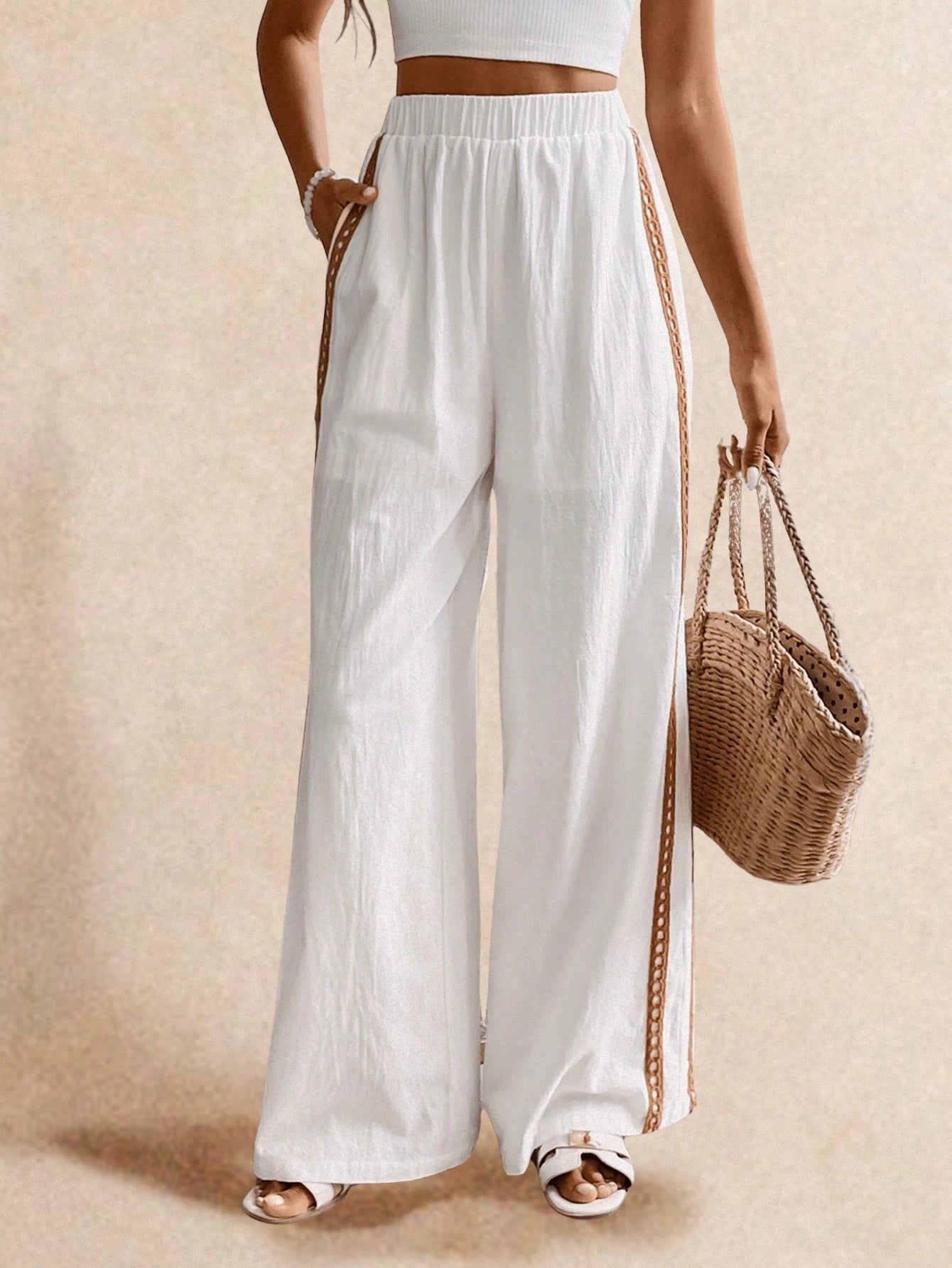 Poéselle Women's Wide Leg Loose Casual Pants With Sun Embroidered Pockets,Vacation Outfits Woman,Beach Vacation,Embroidered Pants,Summer Outfits For Women Vacation Outfits Women Resort Wear