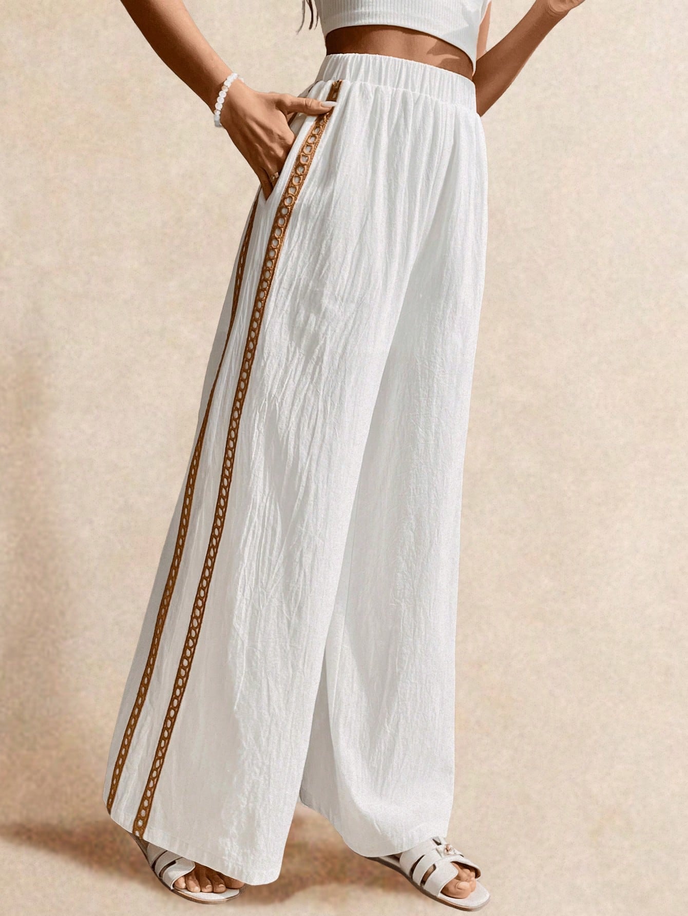 Poéselle Women's Wide Leg Loose Casual Pants With Sun Embroidered Pockets,Vacation Outfits Woman,Beach Vacation,Embroidered Pants,Summer Outfits For Women Vacation Outfits Women Resort Wear