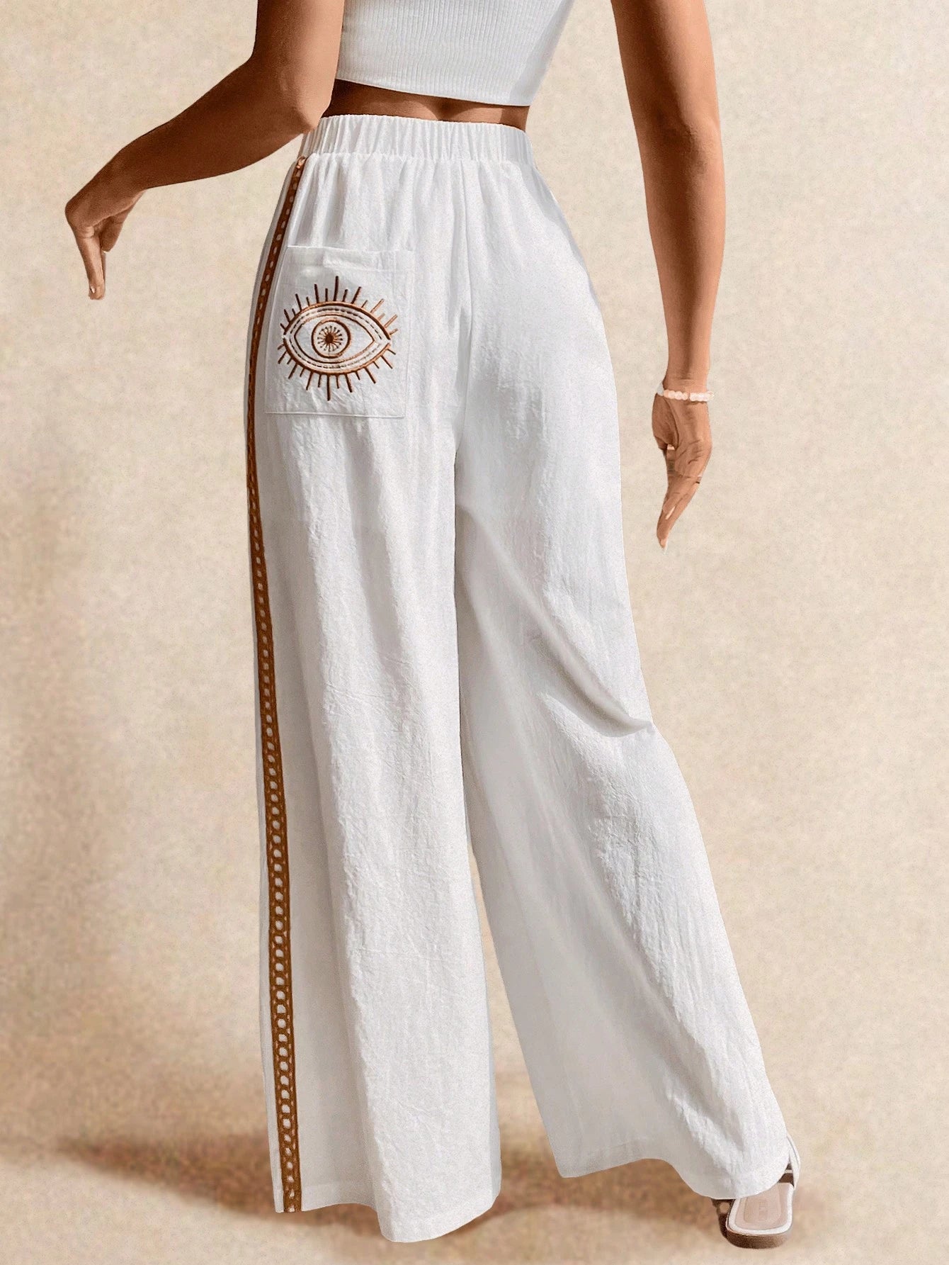 Poéselle Women's Wide Leg Loose Casual Pants With Sun Embroidered Pockets,Vacation Outfits Woman,Beach Vacation,Embroidered Pants,Summer Outfits For Women Vacation Outfits Women Resort Wear