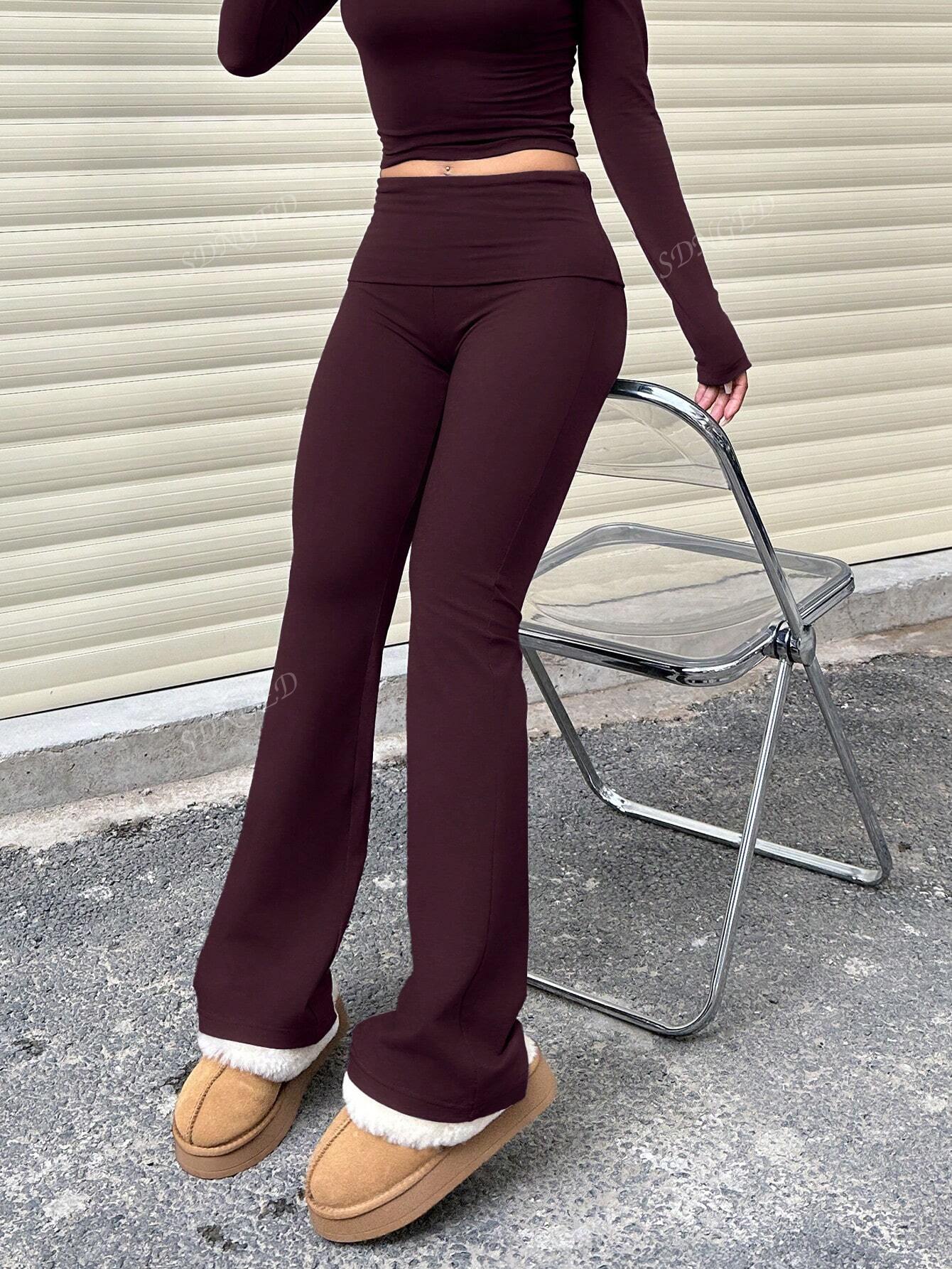 Women's Casual Solid Color Wide-Waist Flare Pants, Leggings Fold-Over Waist High Waist Ruched Slim Fit
