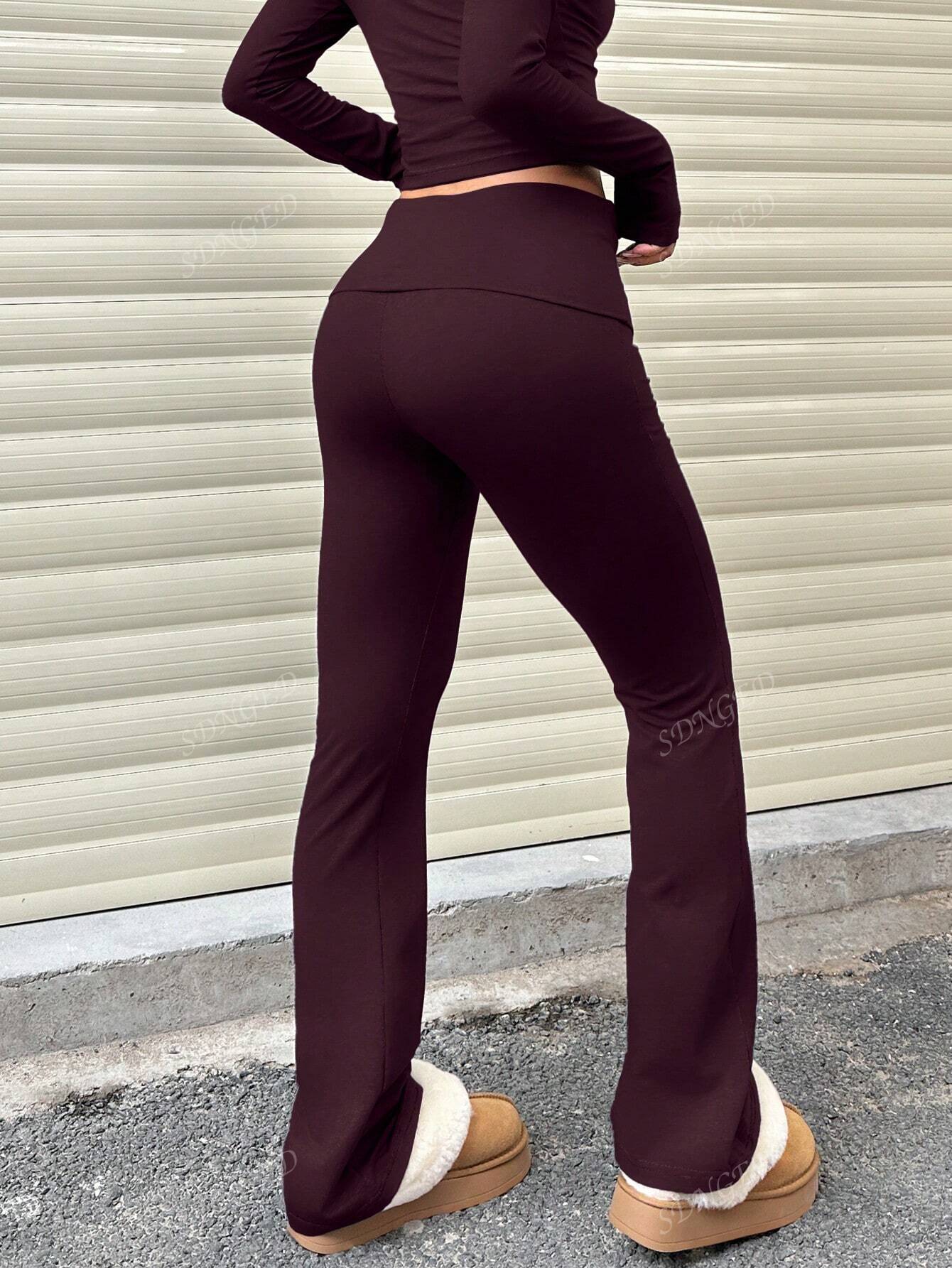 Women's Casual Solid Color Wide-Waist Flare Pants, Leggings Fold-Over Waist High Waist Ruched Slim Fit
