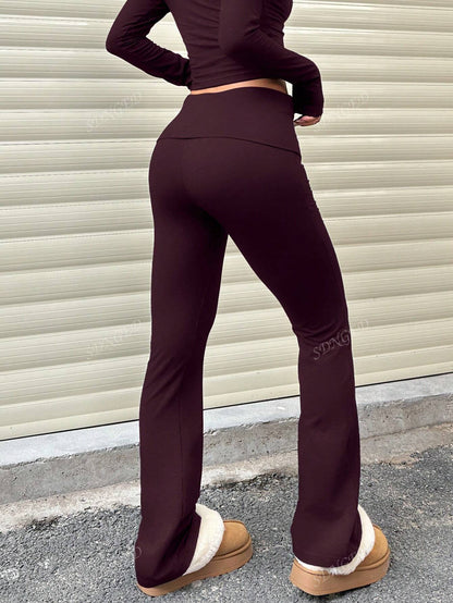 Women's Casual Solid Color Wide-Waist Flare Pants, Leggings Fold-Over Waist High Waist Ruched Slim Fit