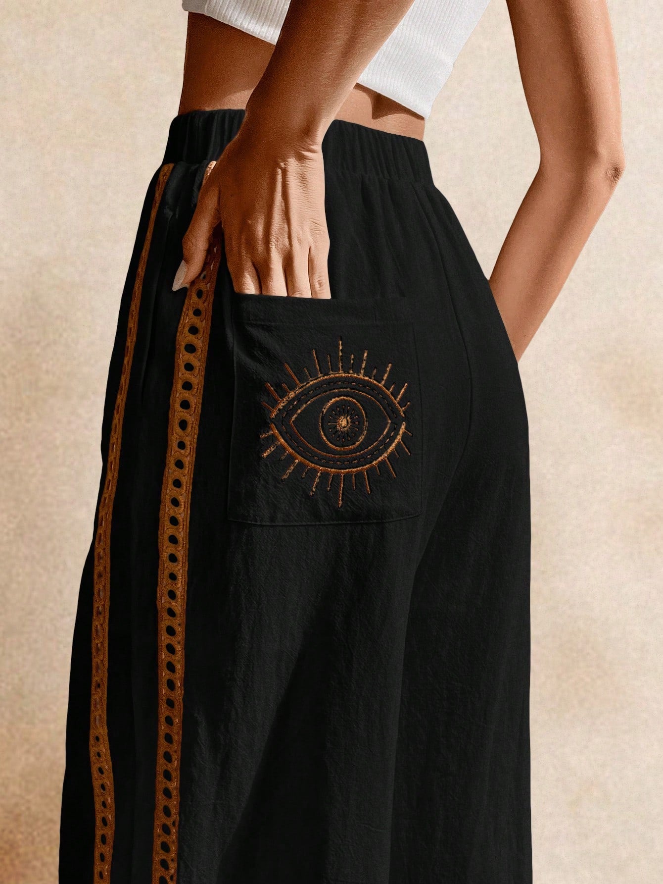 Poéselle Women's Wide Leg Loose Casual Pants With Sun Embroidered Pockets,Vacation Outfits Woman,Beach Vacation,Embroidered Pants,Summer Outfits For Women Vacation Outfits Women Resort Wear