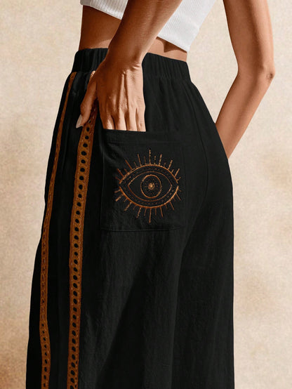 Poéselle Women's Wide Leg Loose Casual Pants With Sun Embroidered Pockets,Vacation Outfits Woman,Beach Vacation,Embroidered Pants,Summer Outfits For Women Vacation Outfits Women Resort Wear
