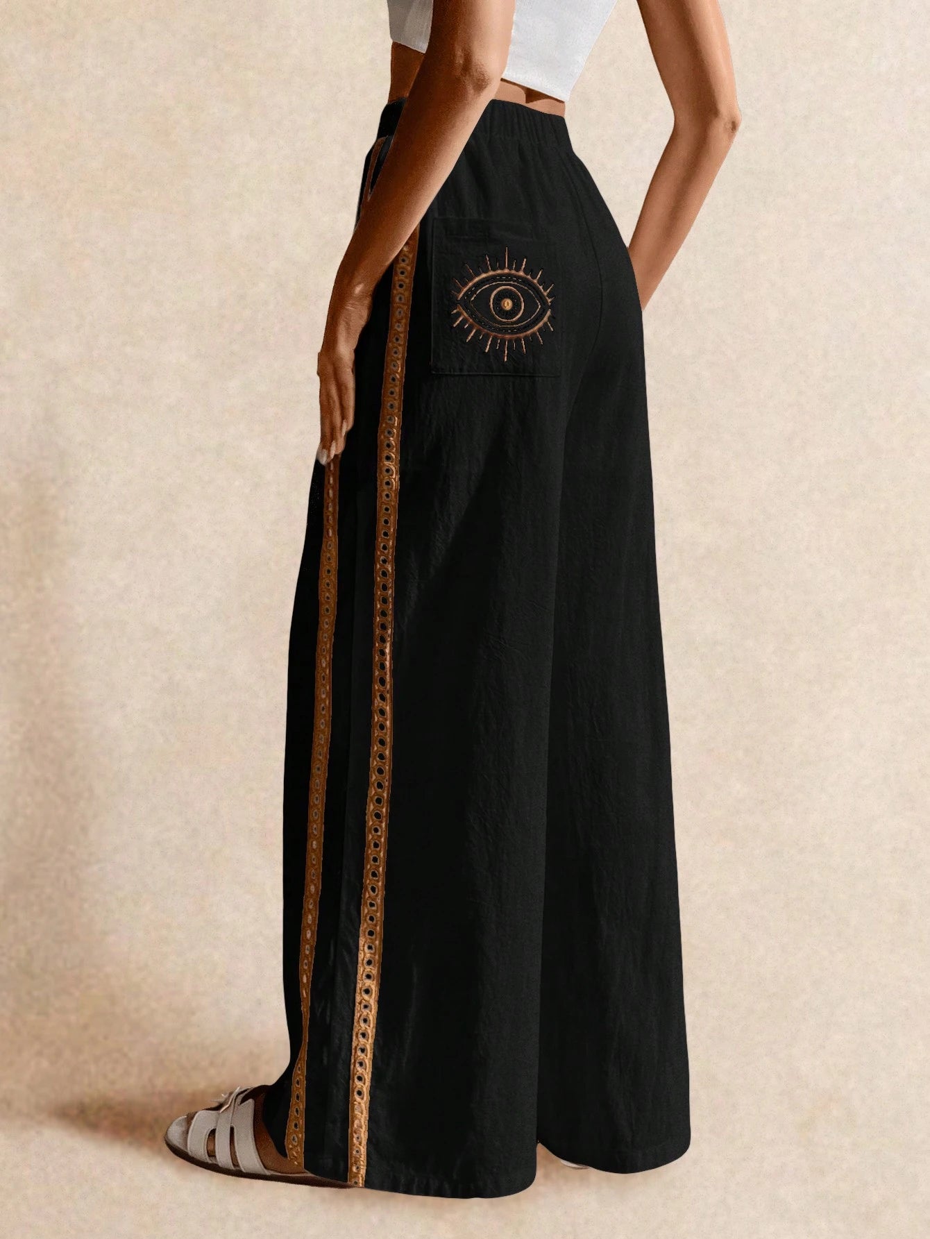 Poéselle Women's Wide Leg Loose Casual Pants With Sun Embroidered Pockets,Vacation Outfits Woman,Beach Vacation,Embroidered Pants,Summer Outfits For Women Vacation Outfits Women Resort Wear