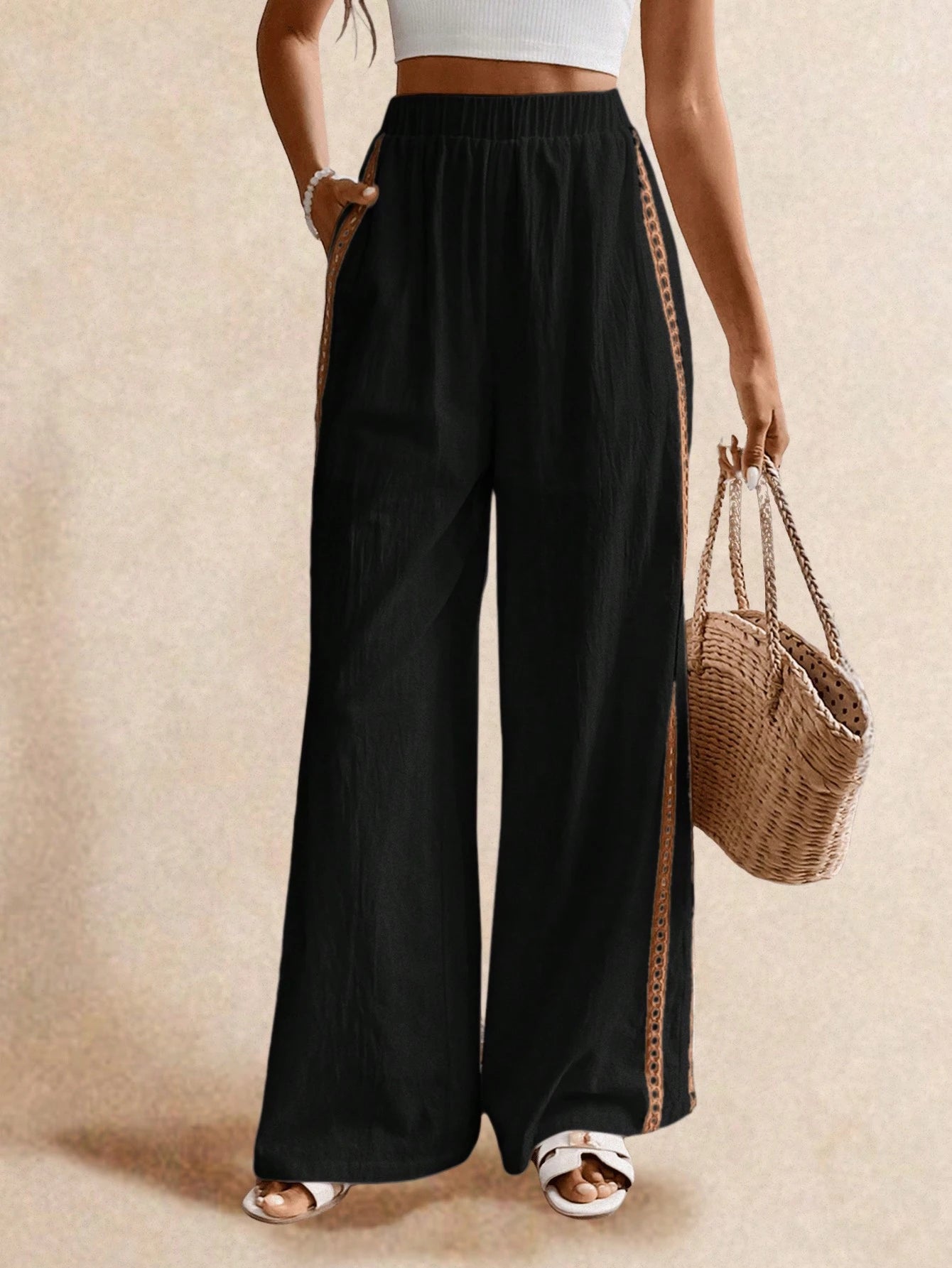 Poéselle Women's Wide Leg Loose Casual Pants With Sun Embroidered Pockets,Vacation Outfits Woman,Beach Vacation,Embroidered Pants,Summer Outfits For Women Vacation Outfits Women Resort Wear