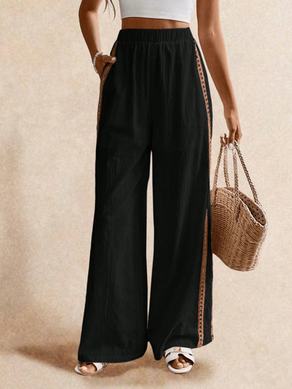 Poéselle Women's Wide Leg Loose Casual Pants With Sun Embroidered Pockets,Vacation Outfits Woman,Beach Vacation,Embroidered Pants,Summer Outfits For Women Vacation Outfits Women Resort Wear