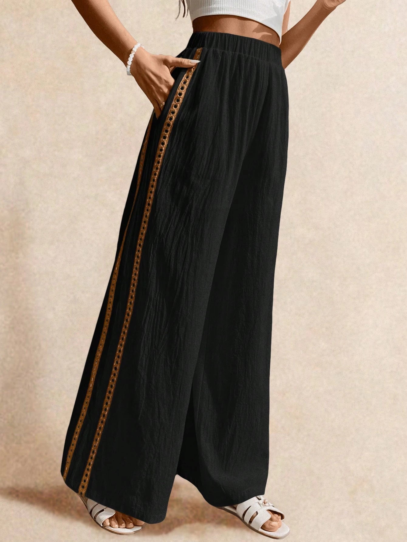 Poéselle Women's Wide Leg Loose Casual Pants With Sun Embroidered Pockets,Vacation Outfits Woman,Beach Vacation,Embroidered Pants,Summer Outfits For Women Vacation Outfits Women Resort Wear