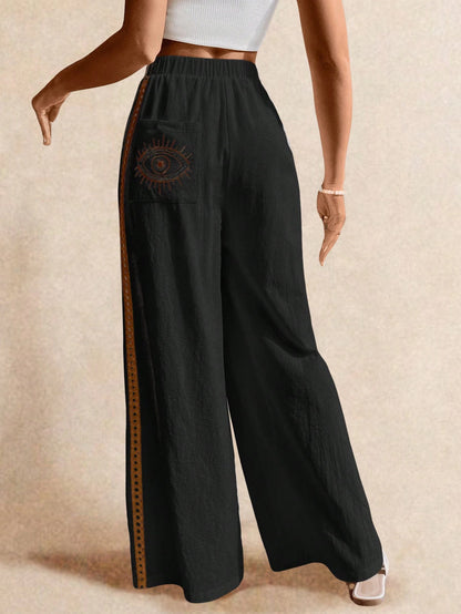 Poéselle Women's Wide Leg Loose Casual Pants With Sun Embroidered Pockets,Vacation Outfits Woman,Beach Vacation,Embroidered Pants,Summer Outfits For Women Vacation Outfits Women Resort Wear