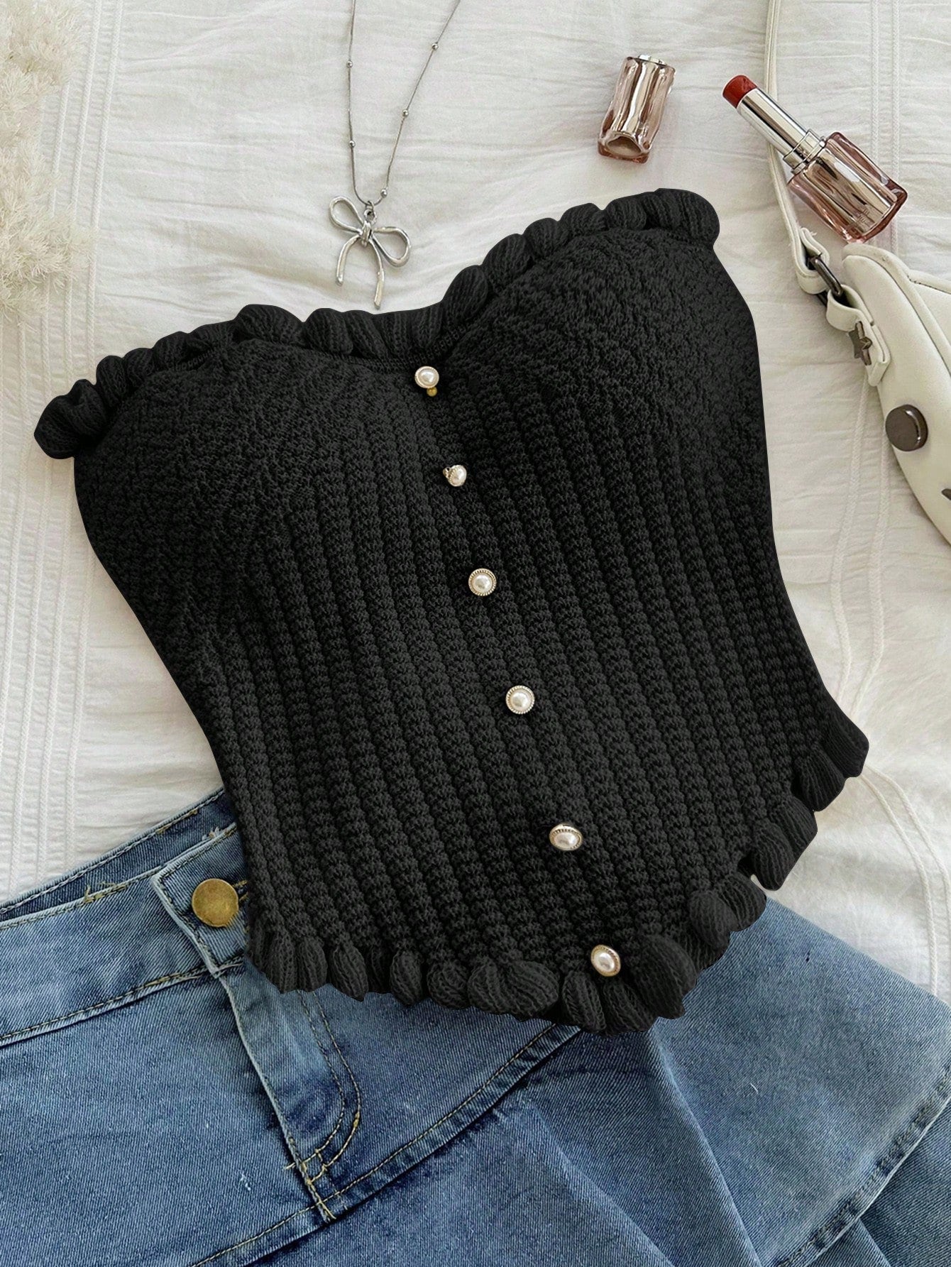 Soleia Women's Button Decor Fashion Casual Ruffle Hem Knitted Camisole Top,Going Out Top