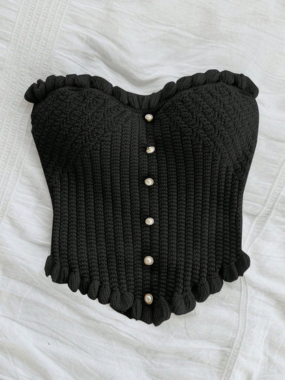 Soleia Women's Button Decor Fashion Casual Ruffle Hem Knitted Camisole Top,Going Out Top