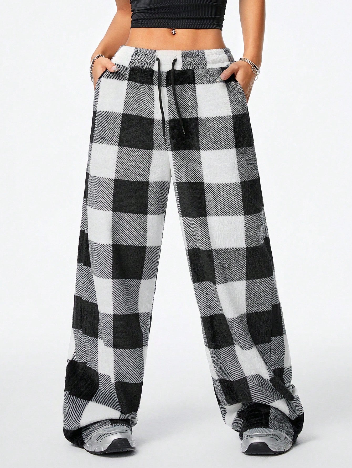 Coolane Women's Fall/Winter Streetwear Going Out Vintage Back To School Casual Front Tie Plaid Pocket Trousers With Fleece