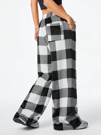 Coolane Women's Fall/Winter Streetwear Going Out Vintage Back To School Casual Front Tie Plaid Pocket Trousers With Fleece