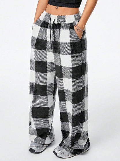 Coolane Women's Fall/Winter Streetwear Going Out Vintage Back To School Casual Front Tie Plaid Pocket Trousers With Fleece