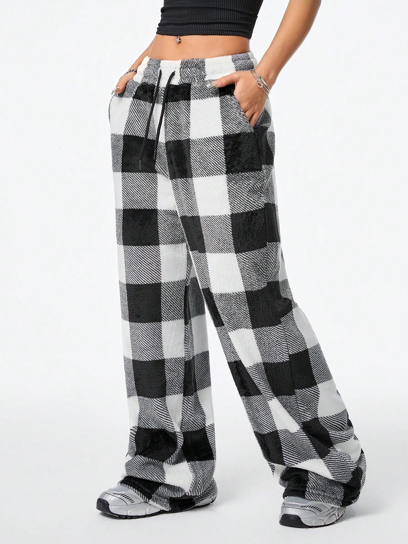 Coolane Women's Fall/Winter Streetwear Going Out Vintage Back To School Casual Front Tie Plaid Pocket Trousers With Fleece