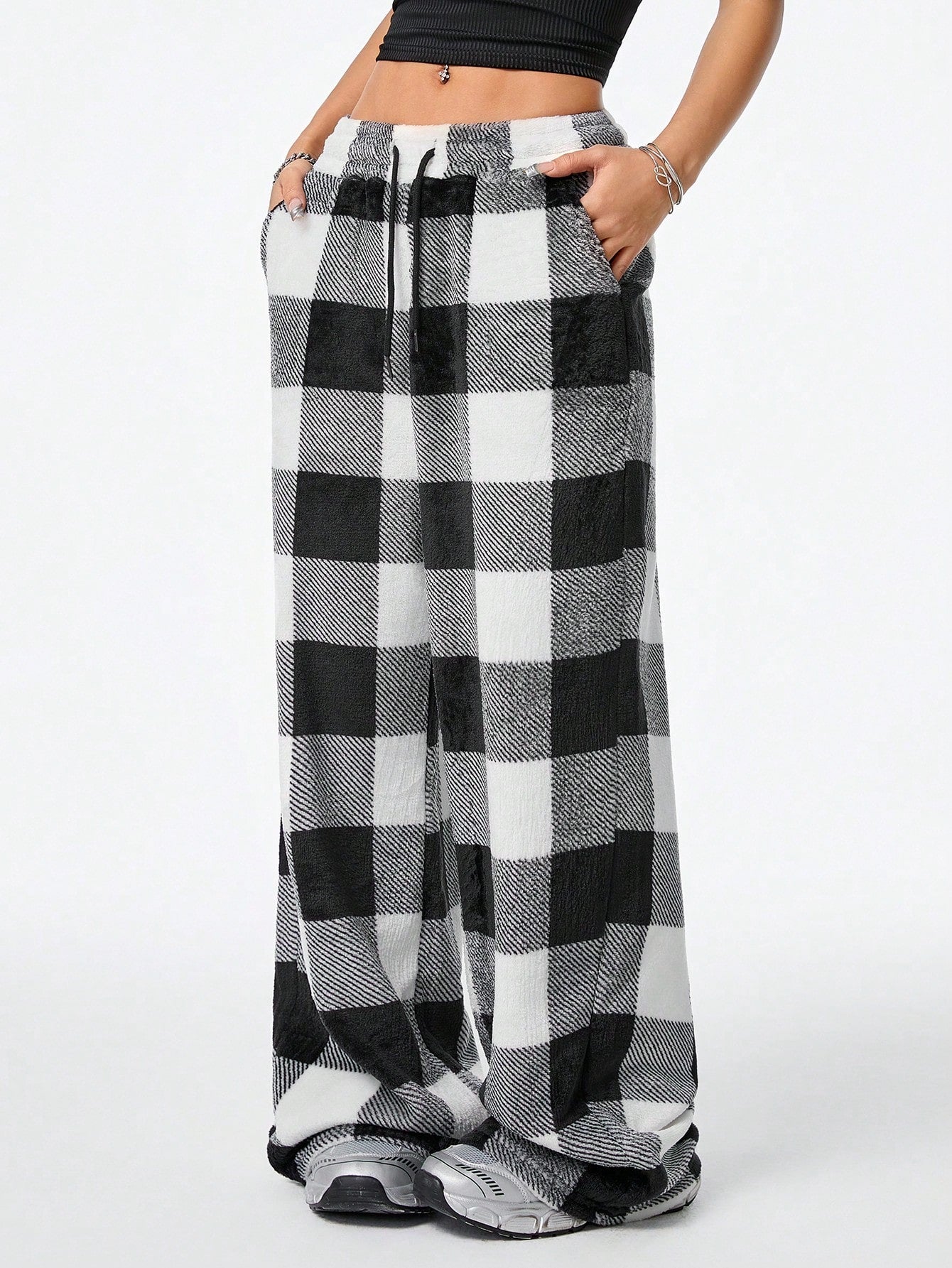 Coolane Women's Fall/Winter Streetwear Going Out Vintage Back To School Casual Front Tie Plaid Pocket Trousers With Fleece