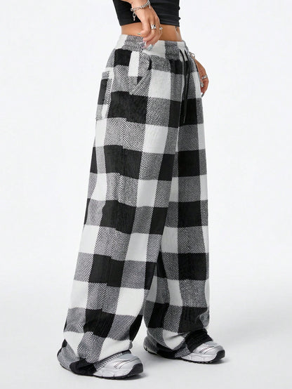 Coolane Women's Fall/Winter Streetwear Going Out Vintage Back To School Casual Front Tie Plaid Pocket Trousers With Fleece