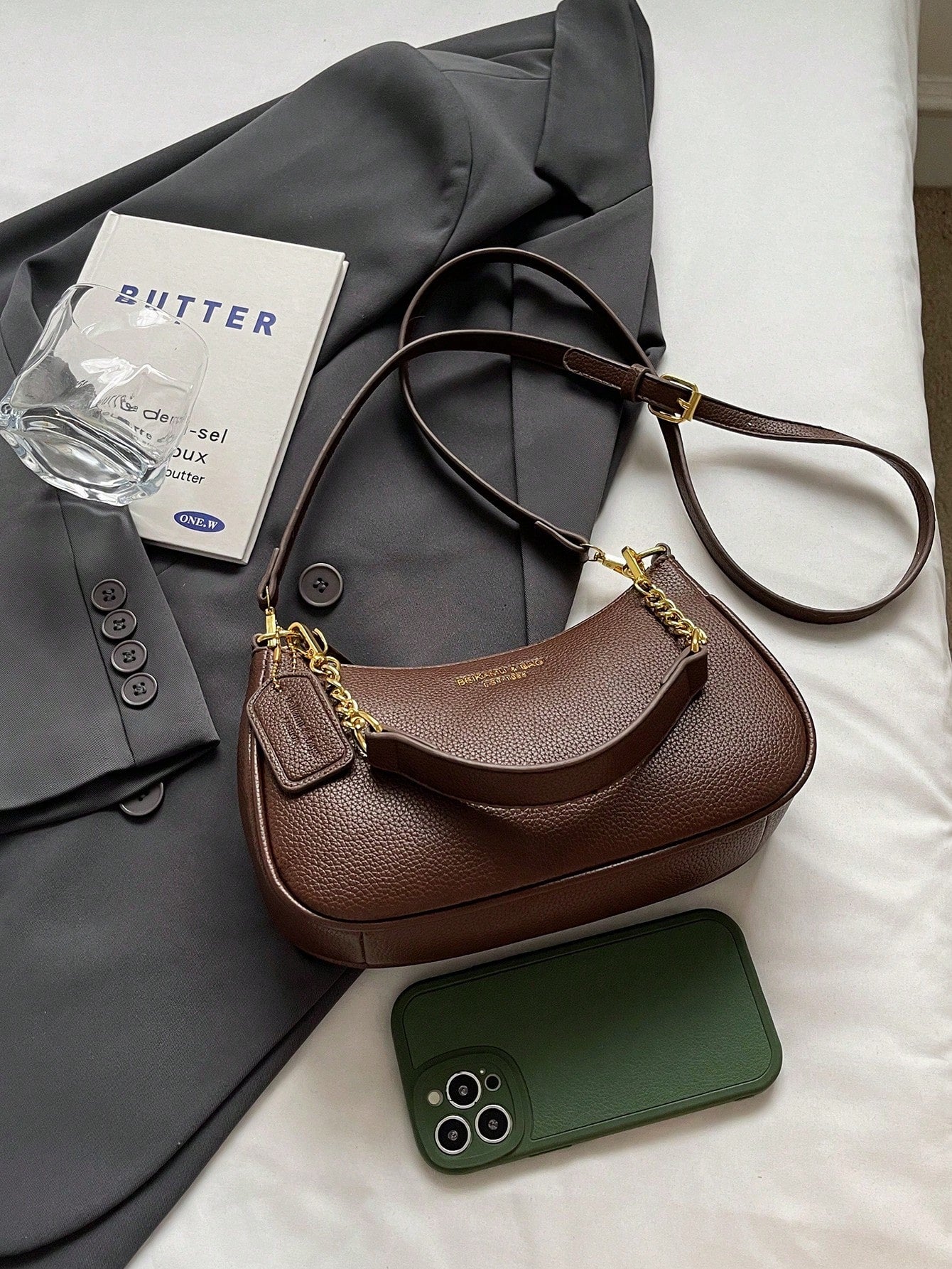 1pc Solid Color PU Leather Shoulder Bag For Women, Versatile Crossbody Bag For Commuting, Adjustable Shoulder Strap