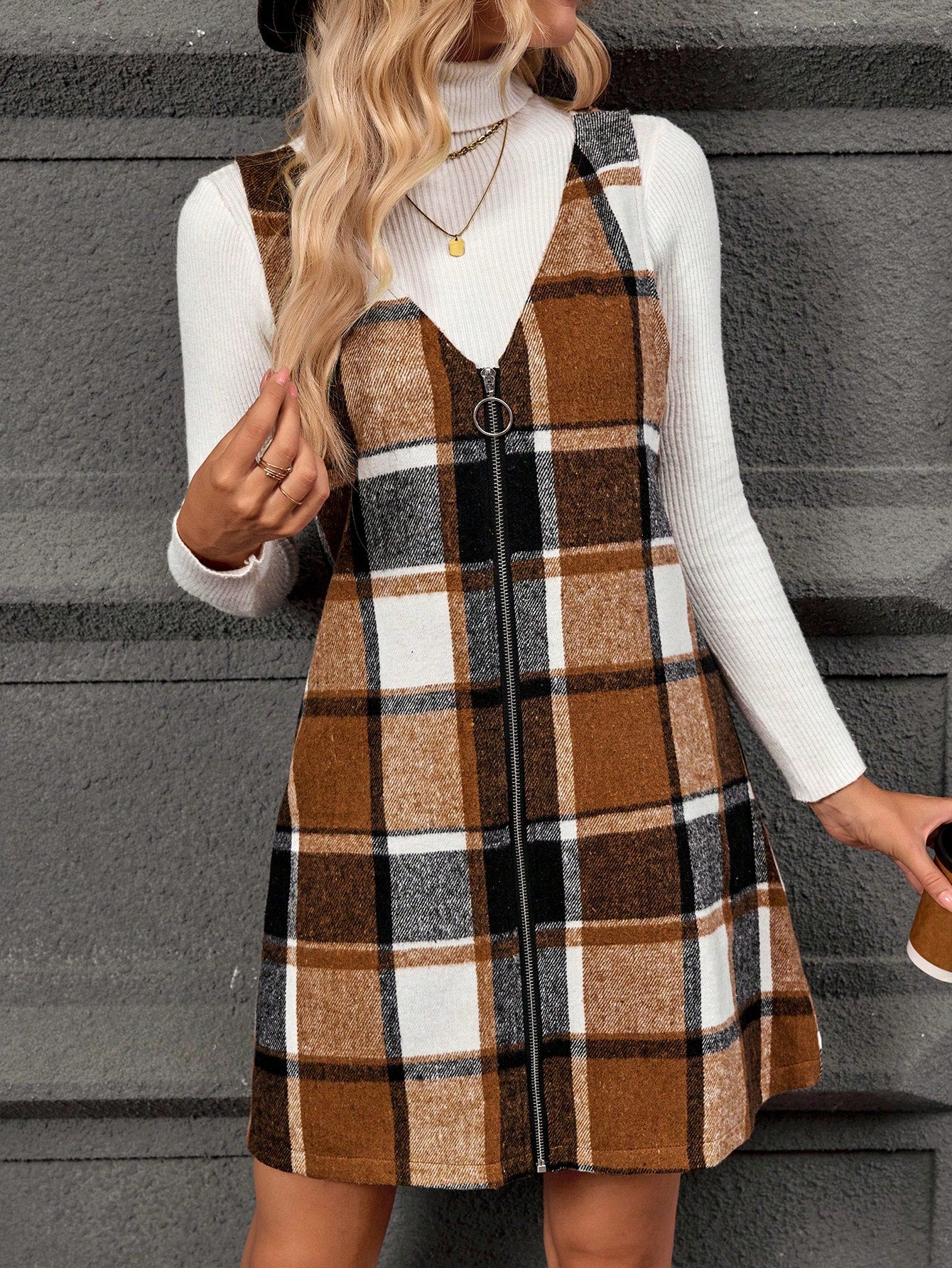 LanaWest Women's Plaid V-Neck Zip-Up Sleeveless Dress, Fall/Winter