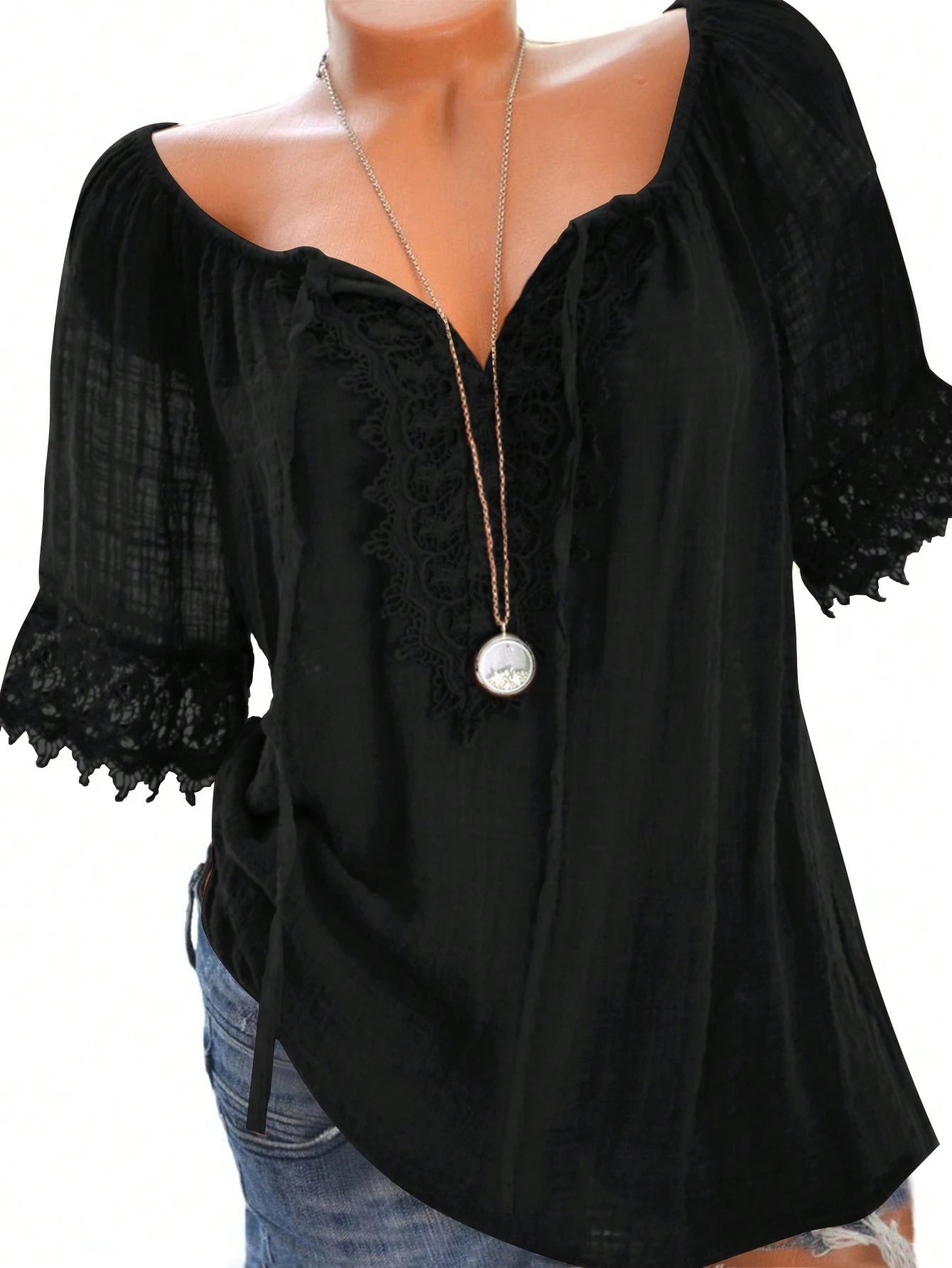 EMERY ROSE Women Plain Short Sleeve Ruffle Detail Casual Blouse, Everyday Wear