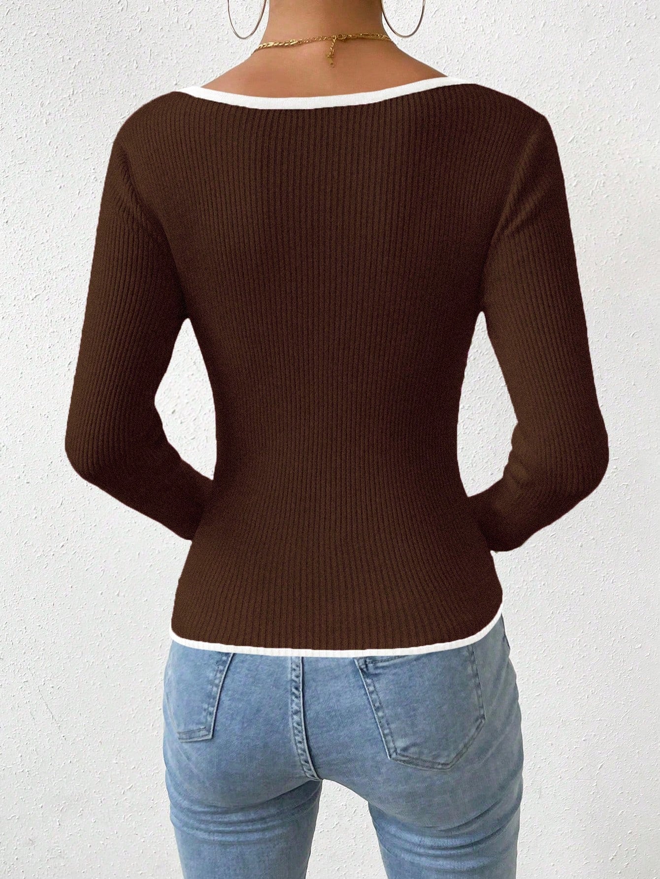 RosyDaze Contrast Binding Sweetheart Neck Ribbed Knit Sweater,Long Sleeve Tops Knit Pullover Fall Winter Outfit