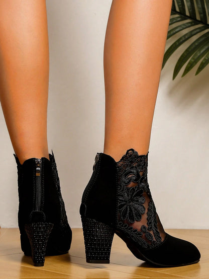 Early Autumn And Winter Daily Wear, Date Travel, Ladies' Temperament, Floral Print Lace Ankle Boots, Back Zipper Square High Heels, Round Toe Boots, And Fashionable Pointed Black Mesh Breathable High Heels