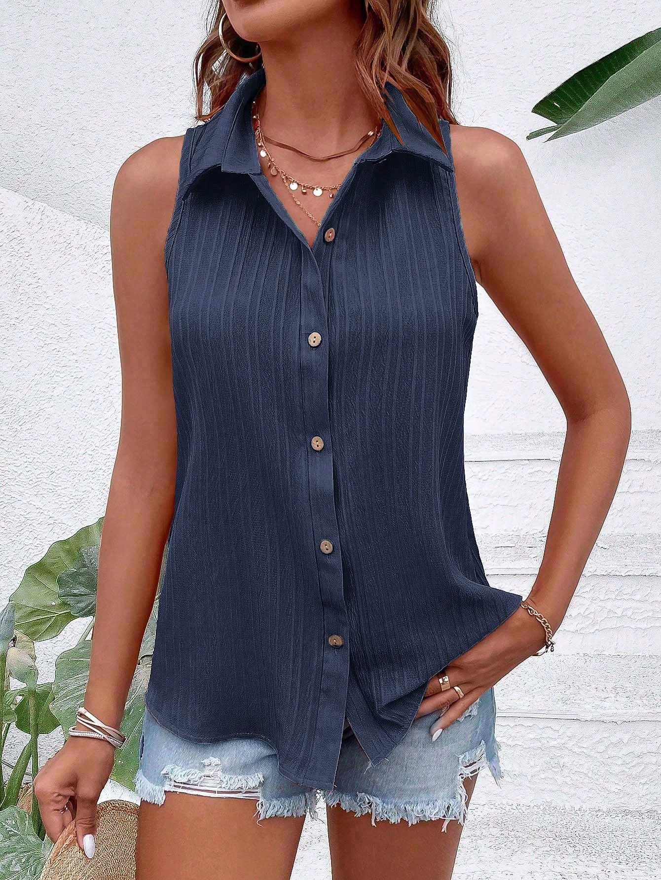 EMERY ROSE Sleeveless Button-Up Minimalist Casual Blouse Women Shirt