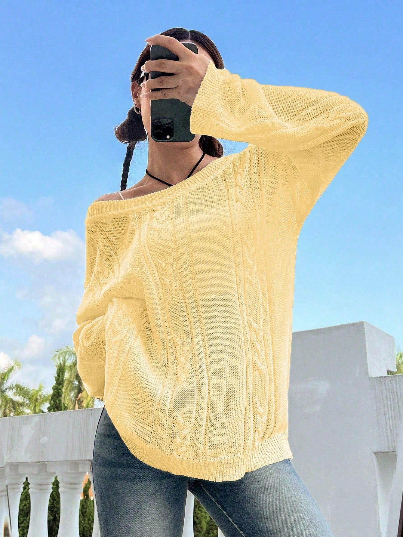 Flirla Casual Minimalist Solid Color Dropped Shoulder Loose Knit Sweater, Autumn/Winter Knit Pullover Fall Outfit