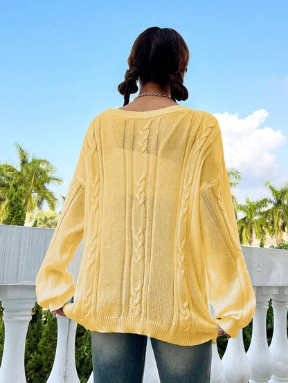 Flirla Casual Minimalist Solid Color Dropped Shoulder Loose Knit Sweater, Autumn/Winter Knit Pullover Fall Outfit