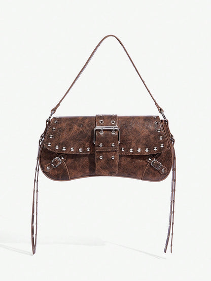 SHEIN X Lucía Bellido SHEIN SXY Fashionable Black Stud Shoulder Bag For Women, Versatile, Shopping Bag, Cool, Street Bag, Teenagers