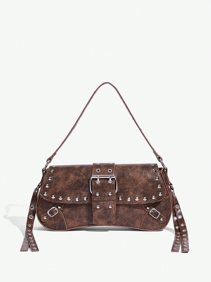 SHEIN X Lucía Bellido SHEIN SXY Fashionable Black Stud Shoulder Bag For Women, Versatile, Shopping Bag, Cool, Street Bag, Teenagers