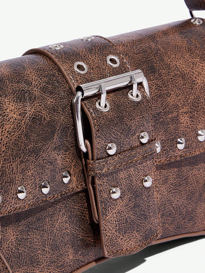 SHEIN X Lucía Bellido SHEIN SXY Fashionable Black Stud Shoulder Bag For Women, Versatile, Shopping Bag, Cool, Street Bag, Teenagers