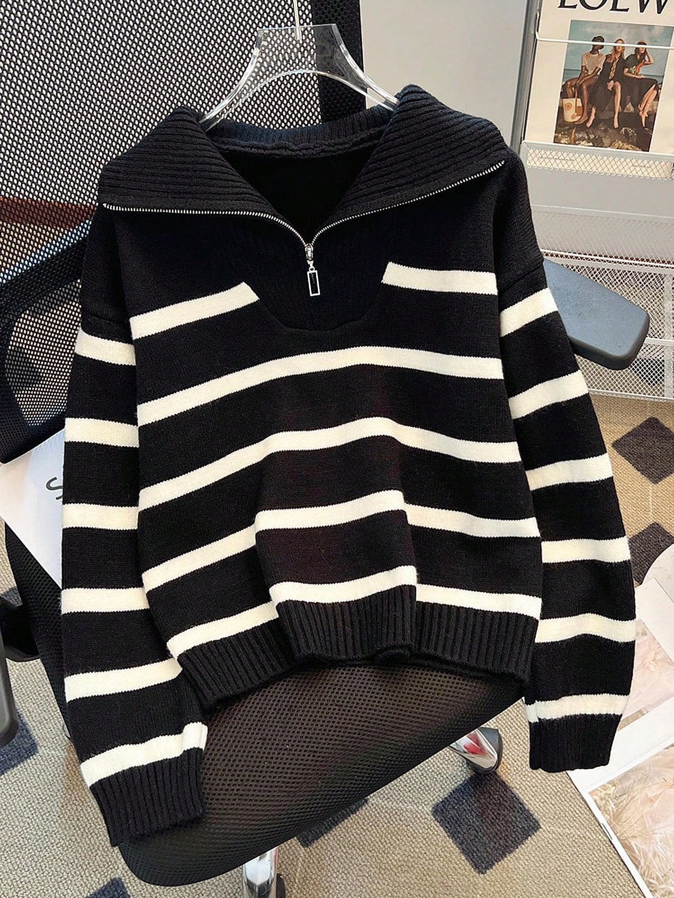 New Autumn/Winter Women Striped Zipper Turtleneck Sweater, Fashion Minimalist Pullover Classic Style,Long Sleeve Tops