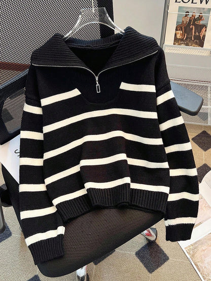 New Autumn/Winter Women Striped Zipper Turtleneck Sweater, Fashion Minimalist Pullover Classic Style,Long Sleeve Tops