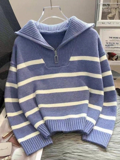 New Autumn/Winter Women Striped Zipper Turtleneck Sweater, Fashion Minimalist Pullover Classic Style,Long Sleeve Tops