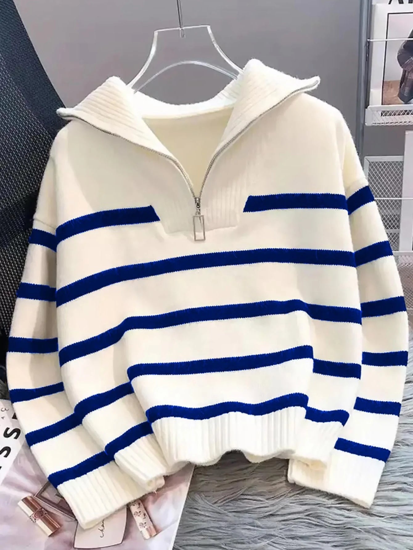 New Autumn/Winter Women Striped Zipper Turtleneck Sweater, Fashion Minimalist Pullover Classic Style,Long Sleeve Tops