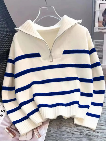 New Autumn/Winter Women Striped Zipper Turtleneck Sweater, Fashion Minimalist Pullover Classic Style,Long Sleeve Tops