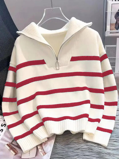 New Autumn/Winter Women Striped Zipper Turtleneck Sweater, Fashion Minimalist Pullover Classic Style,Long Sleeve Tops