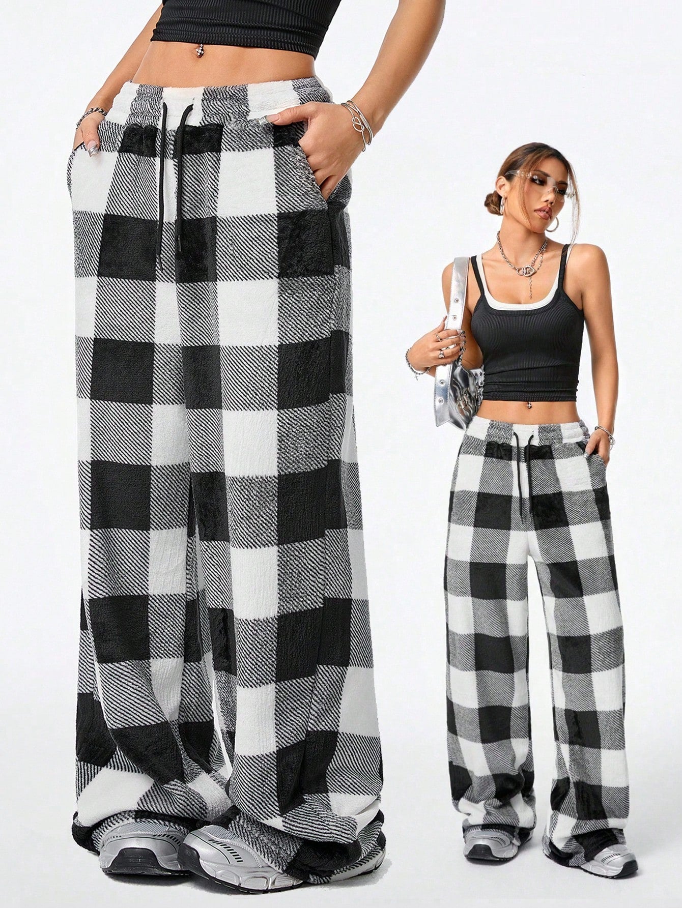 Coolane Women's Fall/Winter Streetwear Going Out Vintage Back To School Casual Front Tie Plaid Pocket Trousers With Fleece