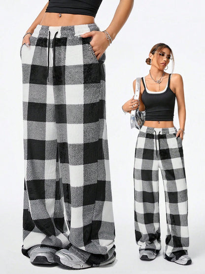 Coolane Women's Fall/Winter Streetwear Going Out Vintage Back To School Casual Front Tie Plaid Pocket Trousers With Fleece